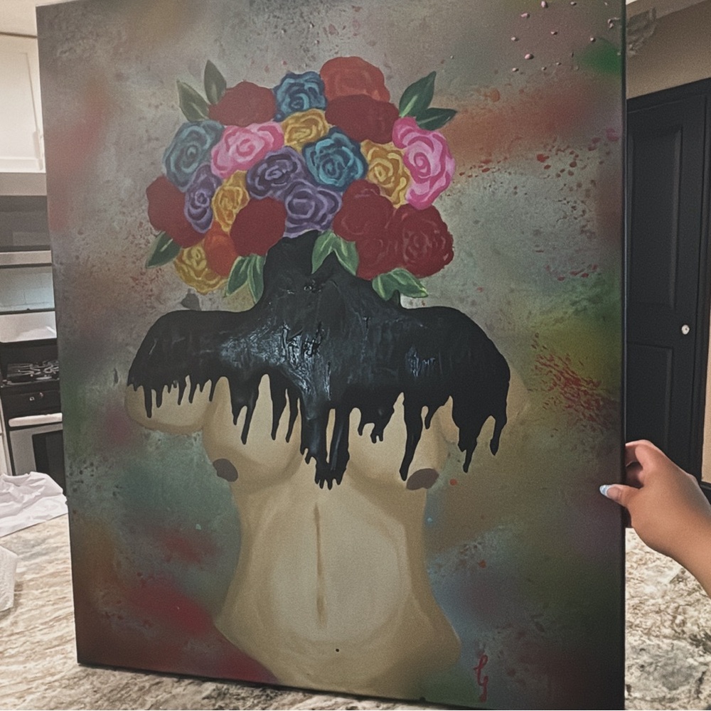 Women’s body Red and Pink Surrealist Floral Painting